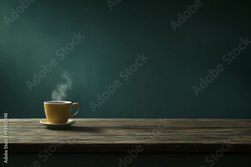 A yellow coffee cup sits on a wooden table