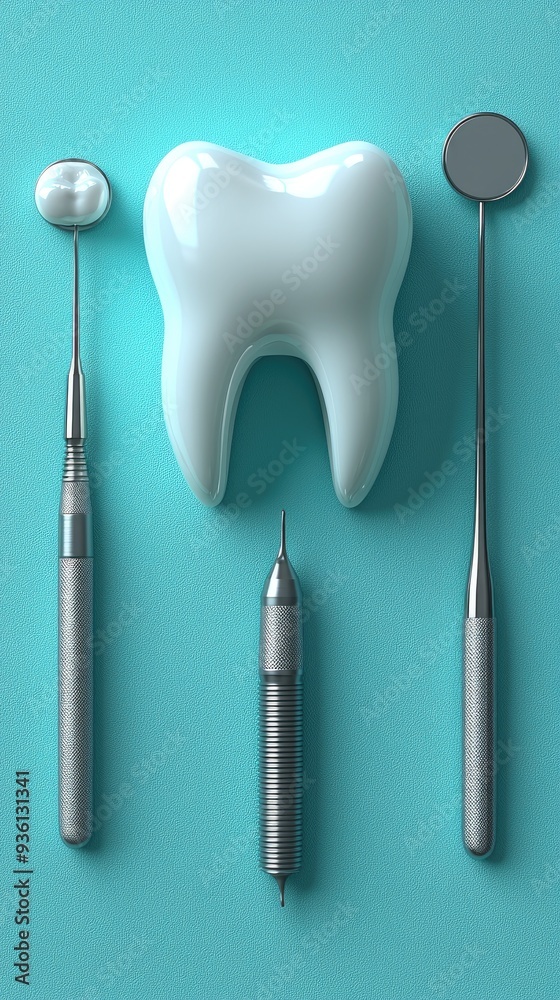 Large, single, healthy white tooth, three smaller teeth which appear to be dental fillings, and four dental instruments: a dental mirror, a dental probe Large, single, healthy white tooth, three smaller teeth which appear to be dental fillings, and four dental instruments: a dental mirror, a dental probe