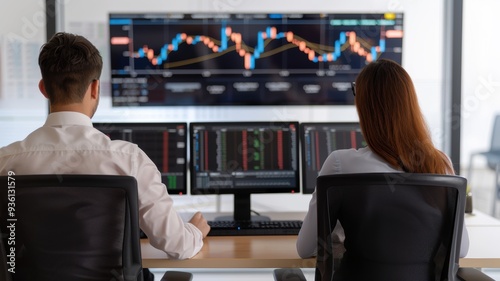 Two analysts monitor stock market data on multiple screens in a modern office environment, focused on financial trends.