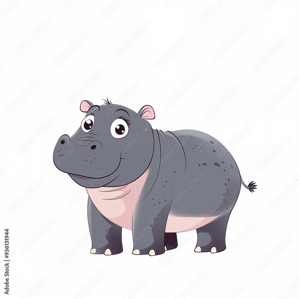 Fototapeta premium flat illustration cute baby hippo standing side view naive style on white background 