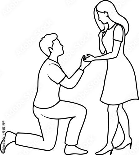 A man kneeling proposing to a womanline art illustration
