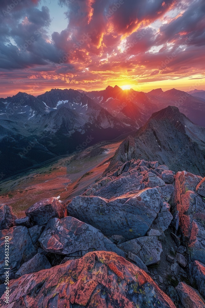 Obraz premium Golden sunset over mountains, colorful sky, rugged peaks, tranquil and serene, wideangle view, breathtaking scene