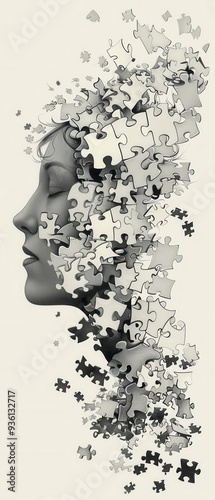 Profile of a human head with jigsaw puzzle pieces, vector line art, representing cognitive psychology and mental health, clear and detailed design