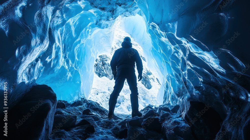 Fototapeta premium A lone figure stands in an ice cave, looking towards the light.