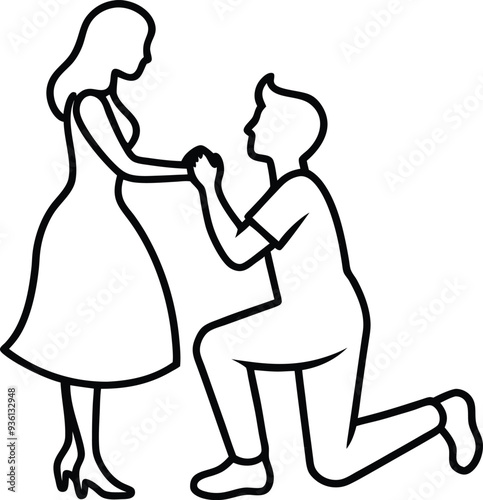 A man kneeling proposing to a womanline art illustration
