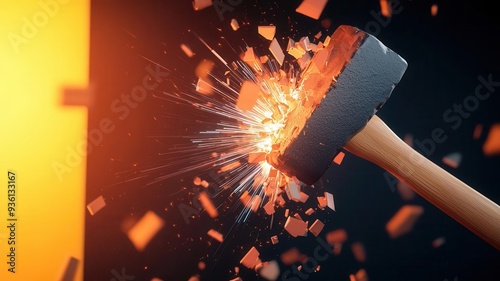 A firewall being shattered by a digital hammer, data streams pouring through the breach, digital illustration, security breach concept photo