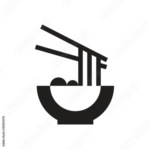 simple logo of noodles and meatballs in a bowl eaten with chopsticks