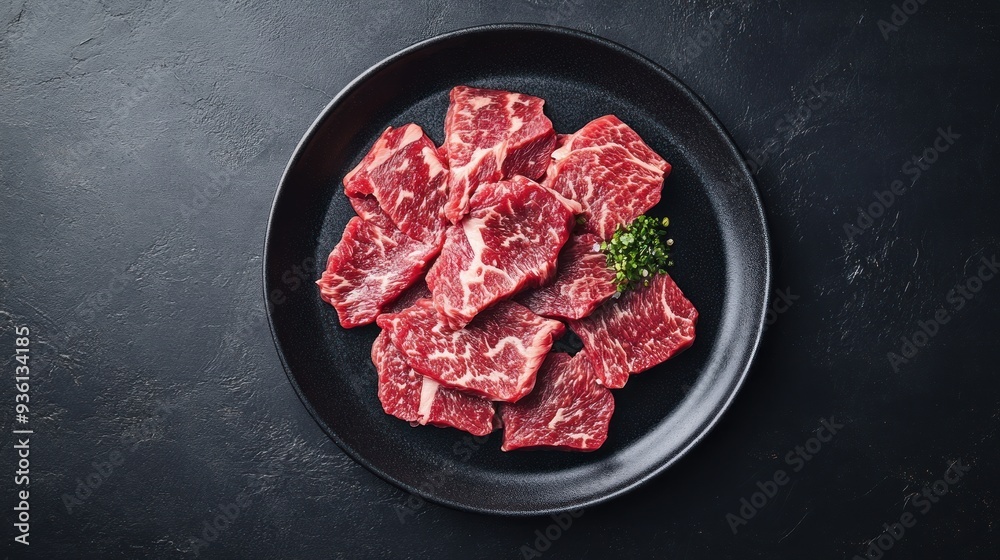 Raw Beef Slices on Black Plate Raw Beef Slices on Black Plate