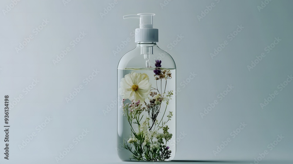 Perfume bottle with a flower inside, showcasing a clear glass container with a delicate floral touch Perfume bottle with a flower inside, showcasing a clear glass container with a delicate floral touch