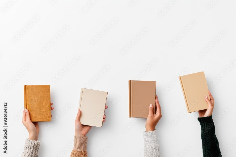 Four hands holding books in different colors against a white background. Four hands holding books in different colors against a white background.