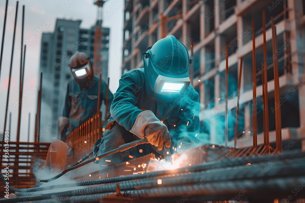 Construction Worker Welding Metal Beams Construction Worker Welding Metal Beams