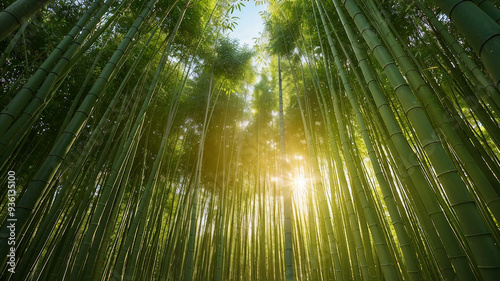 A forest of bamboo trees with the sun shining through the leaves 