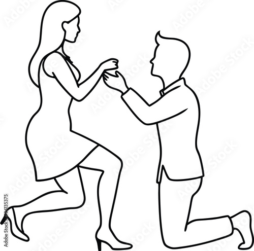 A man kneeling proposing to a womanline art illustration