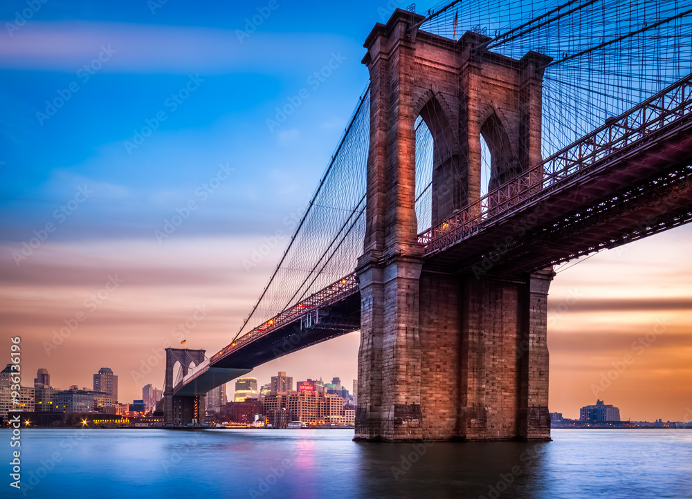 Brooklyn Bridge at dusk viewed from Manhattan