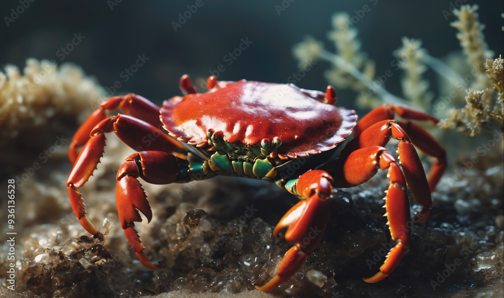 A red crab crawls over rocks in the ocean A red crab crawls over rocks in the ocean