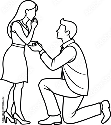 A man kneeling proposing to a womanline art illustration