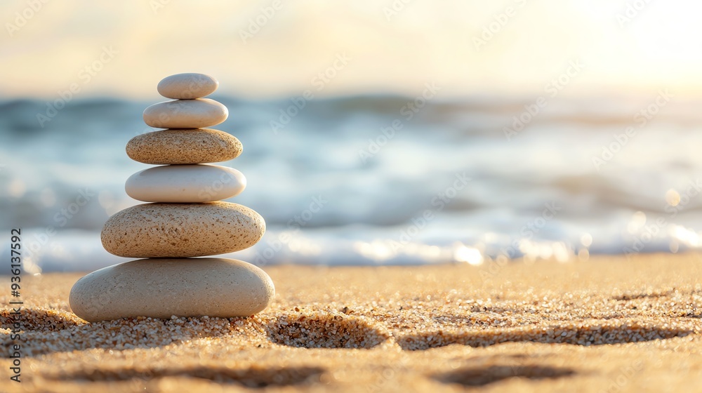 Fototapeta premium Meditation stones stacked on a beach, balance and peace in health, oceanic rejuvenation