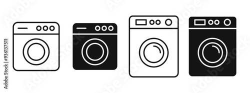 Washing machine icon set. Laundry washer vector symbol in black filled and outlined style