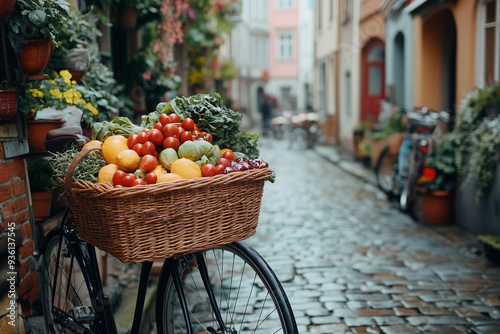 Bicycle with a basket full of groceries in an urban setting 