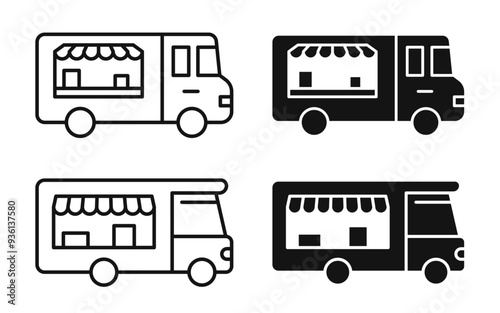 Mobile food truck icon vector set. Street ice cream van line sign. Food truck vehicle outline and fill symbol in black color