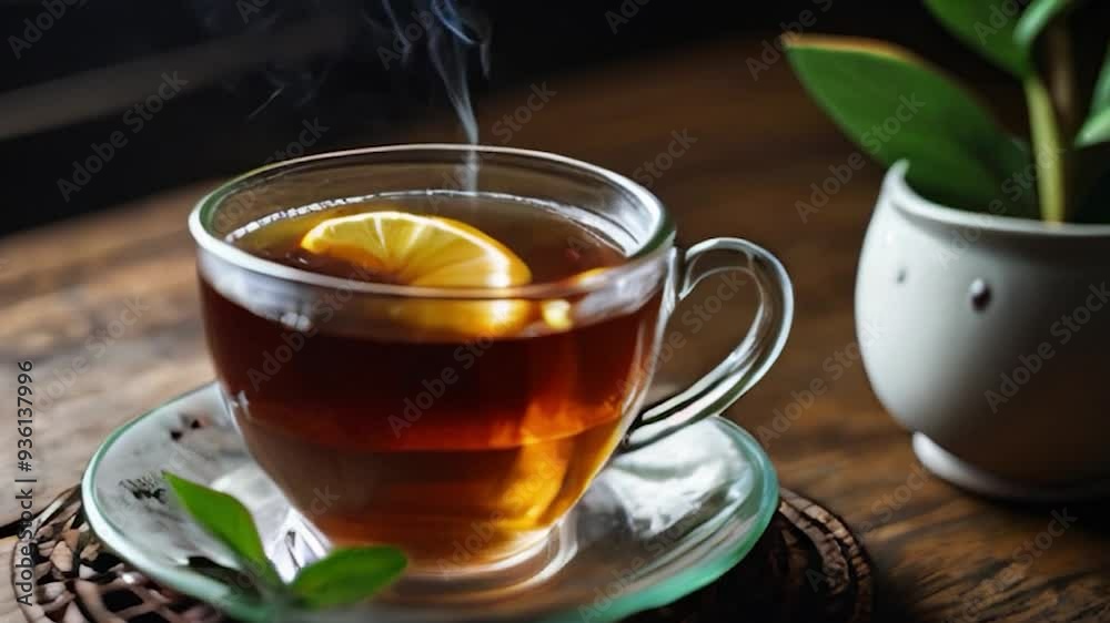 Cup of Tea with Lemon Slice and Steam on a Wooden Table with a Plant Cup of Tea with Lemon Slice and Steam on a Wooden Table with a Plant