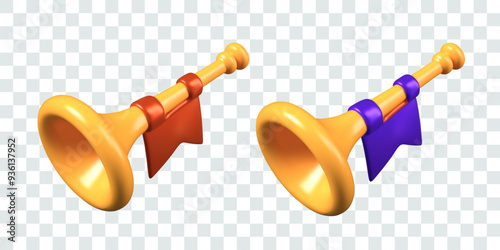 Set of golden musical trumpets with flags of different colors. Bugle for victory and defeat
