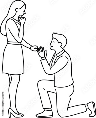 A man kneeling proposing to a womanline art illustration