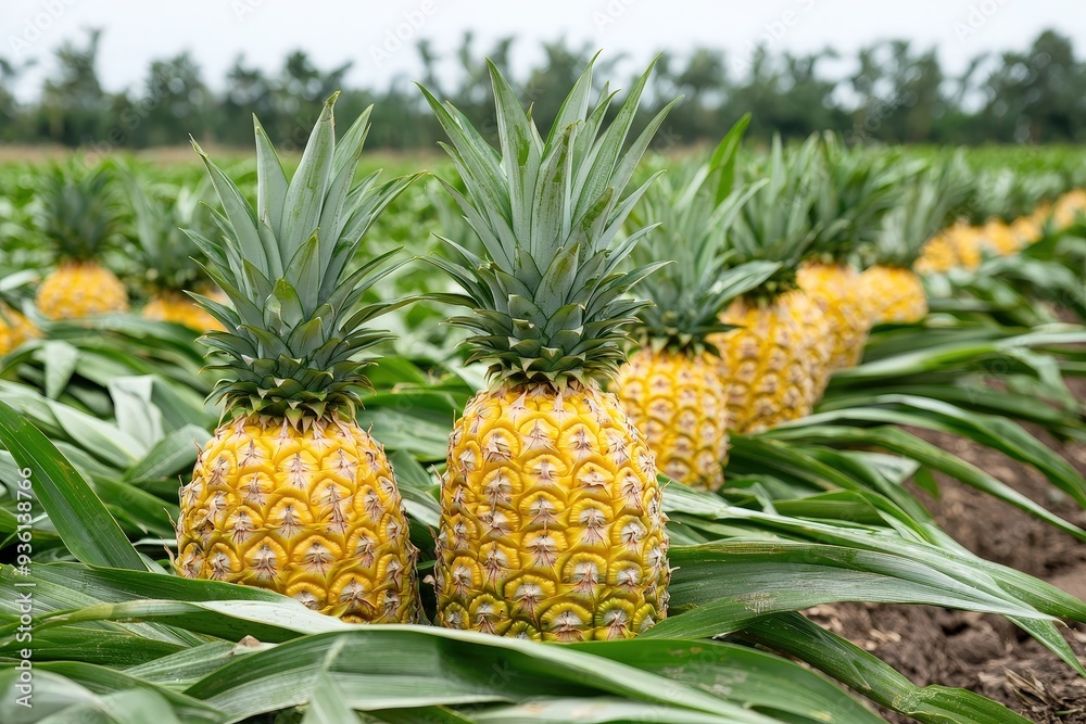 A productive field with pineapples growing and ripe for picking, surrounded by lush green leaves.
A productive field with pineapples growing and ripe for picking, surrounded by lush green leaves.