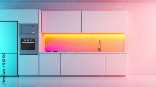 A modern kitchen with colorful LED lights, sleek cabinets, and stainless appliances, creating a vibrant and inviting atmosphere.