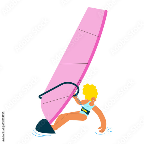 Happy female windsurfing, standing on a sail board. Outdoor water sport activities. Modern flat vector illustration.