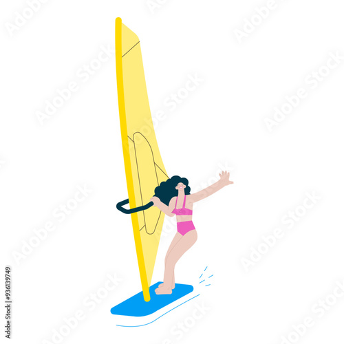 Happy female windsurfing, standing on a sail board. Outdoor water sport activities. Modern flat vector illustration.