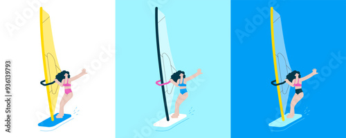 Happy female windsurfing, standing on a sail board. Outdoor water sport activities. Color sets. Modern flat vector illustration.
