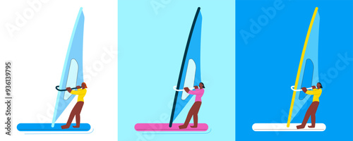 Happy female windsurfing, standing on a sail board. Outdoor water sport activities. Color sets. Modern flat vector illustration.