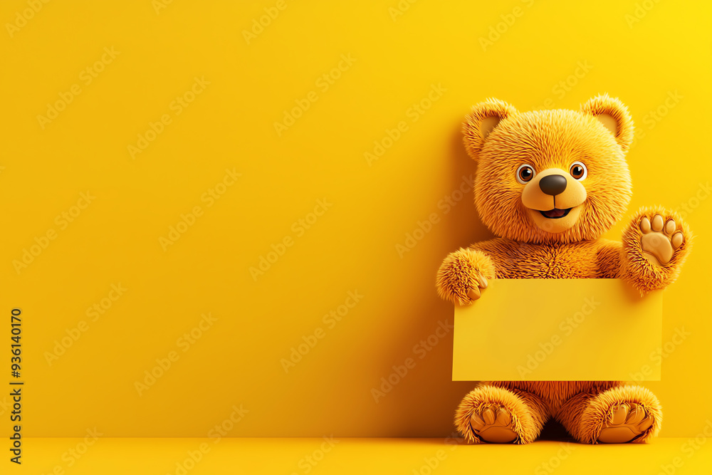 Cheerful teddy bear holds a blank sign against a bright yellow background, perfect for children's themes or joyful messages. Cheerful teddy bear holds a blank sign against a bright yellow background, perfect for children's themes or joyful messages.