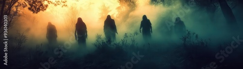 Scary Halloween night ghoulish figures appearing in the shadows of a dark forest, captured in eerie lighting, Creepy, Cool Tones, Atmospheric