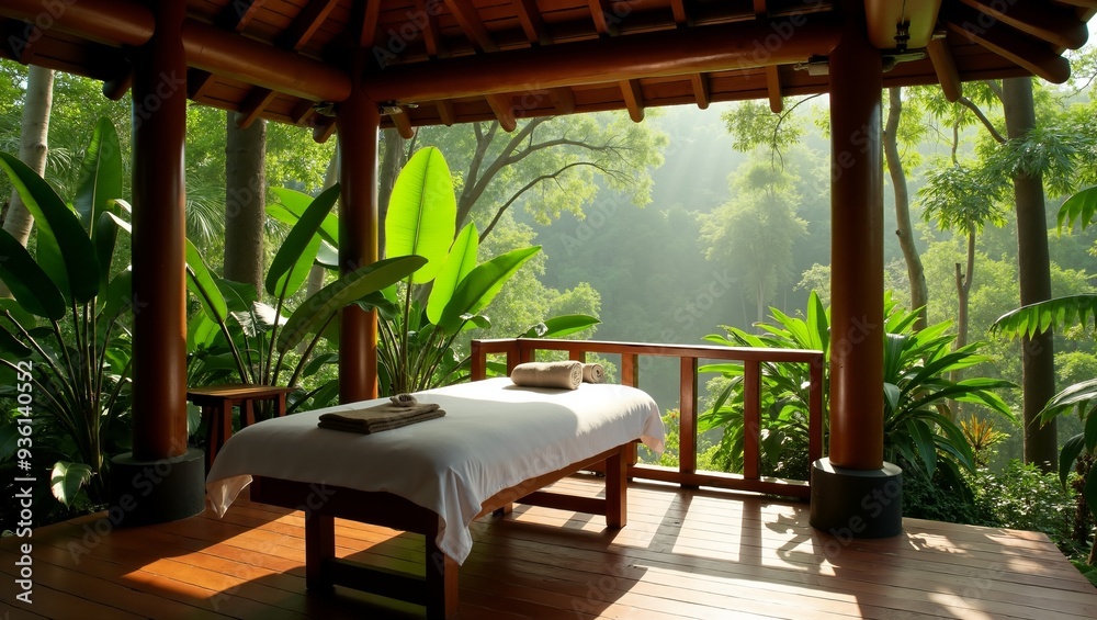 Fototapeta premium Relaxing Spa Treatment In Lush Tropical Garden. Relaxing with natural light and fog atmostphere.