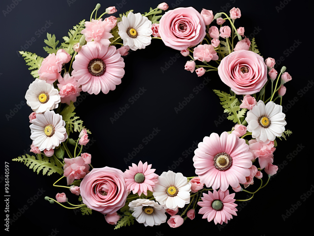Fantastic Round frame with pink flower buds branches and leaves isolated on white background