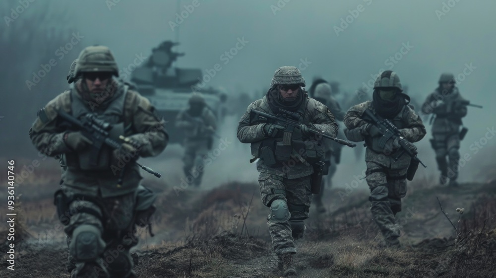 shows 8 soldiers in camouflage running in a muddy field with guns and helmets. Tank in background. Set in gloomy, action-filled ambiance. Likely military exercise or operation. shows 8 soldiers in camouflage running in a muddy field with guns and helmets. Tank in background. Set in gloomy, action-filled ambiance. Likely military exercise or operation.