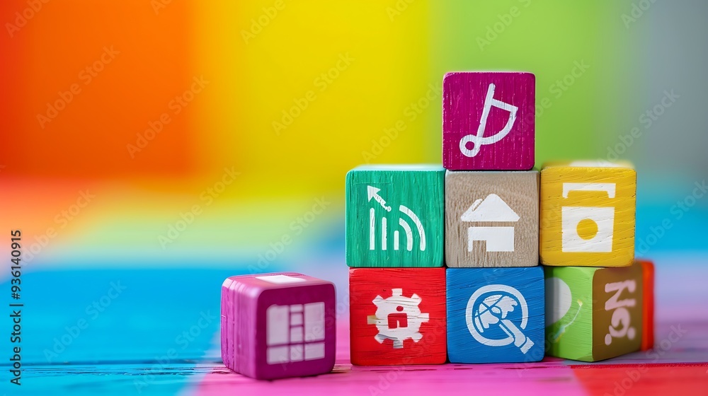 Colorful wooden blocks with targeted business icons and the concept of success isolated on colorful background Colorful wooden blocks with targeted business icons and the concept of success isolated on colorful background