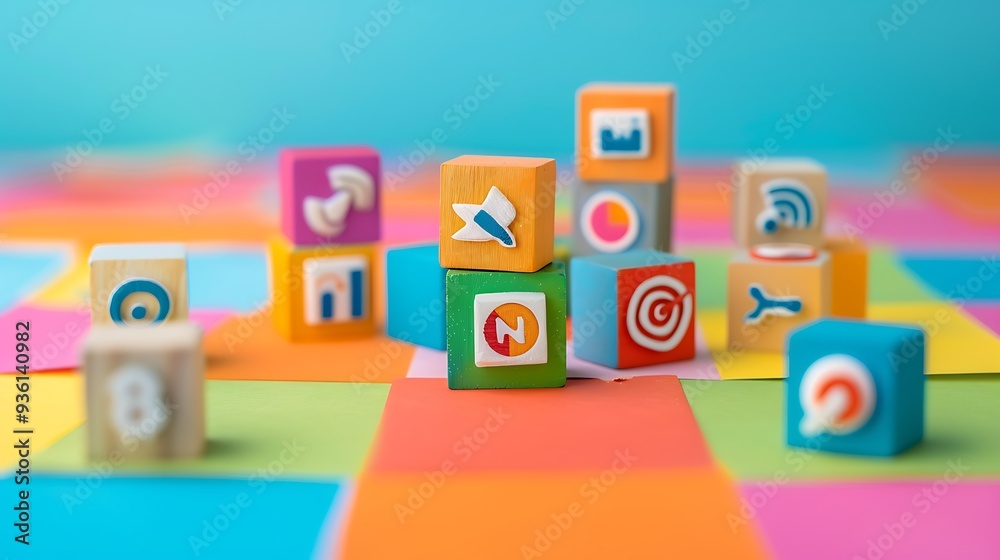 Colorful wooden blocks with targeted business icons and the concept of success isolated on colorful background Colorful wooden blocks with targeted business icons and the concept of success isolated on colorful background
