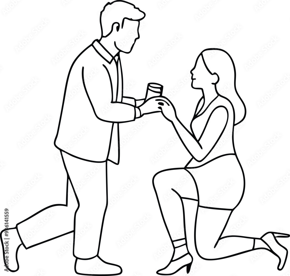 A man kneeling proposing to a womanline art illustration A man kneeling proposing to a womanline art illustration