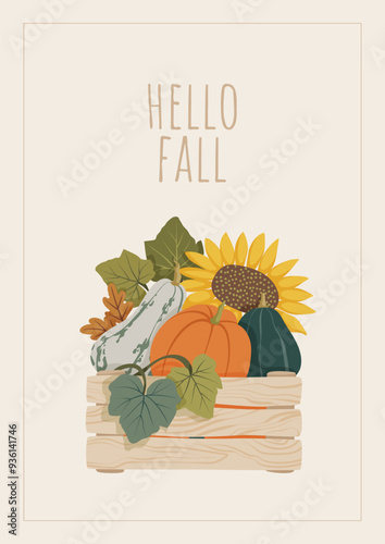 Autumn harvest card with colorful pumpkins, sunflowers, and leaves in wooden farm crate box. Hello fall arrangement for postcard, banner, poster, sticker, and festival design. Vector illustration.