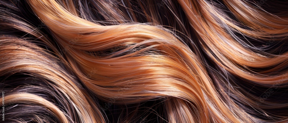 Close-up photo shows disheveled, wavy hair with brown, orange, chestnut hues. Smooth texture stands out on a white background, highlighting warm tones in high resolution. Close-up photo shows disheveled, wavy hair with brown, orange, chestnut hues. Smooth texture stands out on a white background, highlighting warm tones in high resolution.
