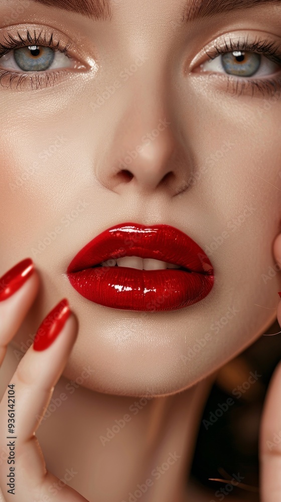 Fototapeta premium Close-up portrait of a woman with red lips and nails, showcasing a classic and elegant look. Focus on lips, nose, and smooth skin against a dark background.