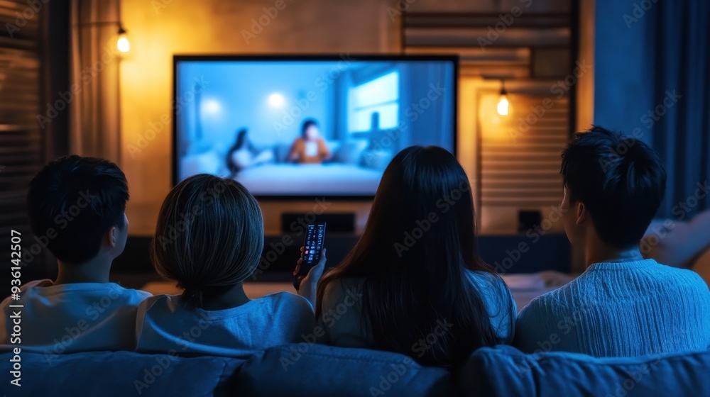 A group of friends sits closely on a couch, focused on a movie playing on the television in a cozy setting A group of friends sits closely on a couch, focused on a movie playing on the television in a cozy setting