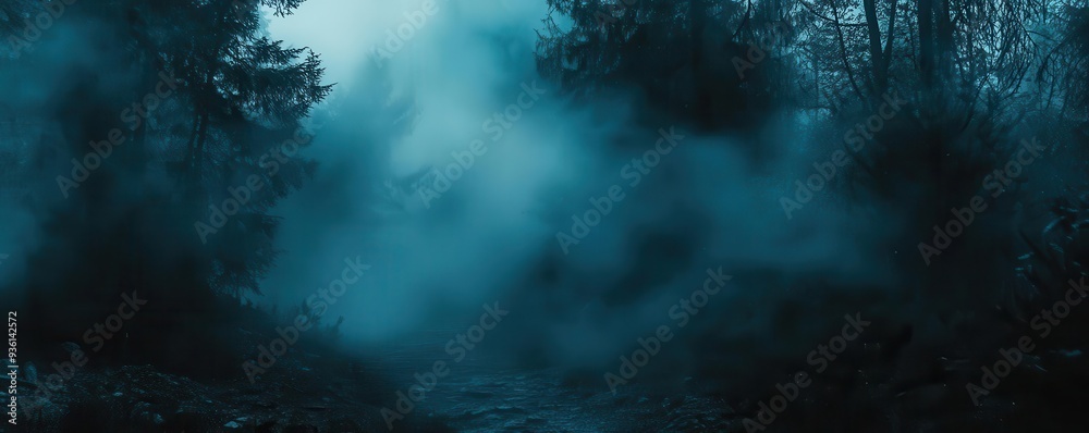Spooky fog rolling in over a dark forest, obscuring the path and creating a sense of mystery, Mysterious, Cool Tones, Atmospheric Spooky fog rolling in over a dark forest, obscuring the path and creating a sense of mystery, Mysterious, Cool Tones, Atmospheric