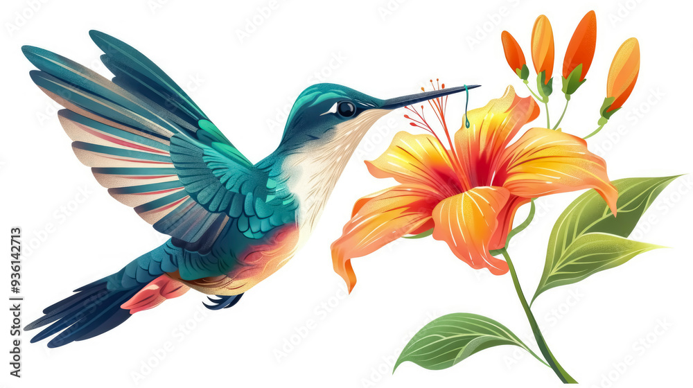 Obraz premium A vibrant hummingbird hovering near a bright orange flower with green leaves in a natural setting during daytime, showcasing the beauty of wildlife and nature's colors