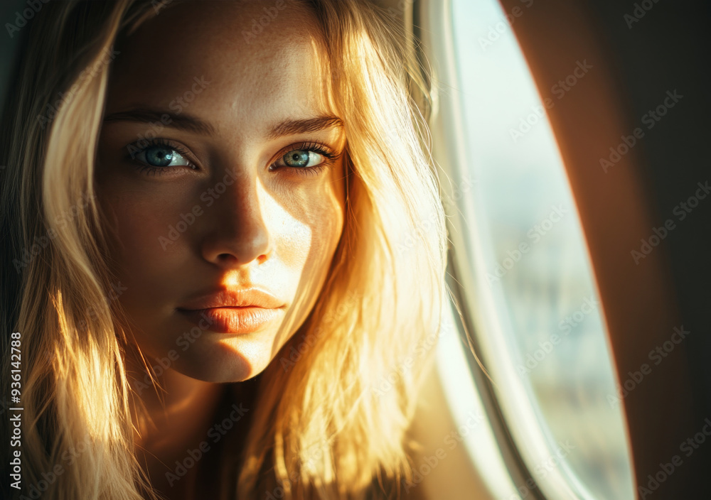 Beautiful blond woman with blue eyes, in the airplane window's sunlight on her face, portrait photography Beautiful blond woman with blue eyes, in the airplane window's sunlight on her face, portrait photography