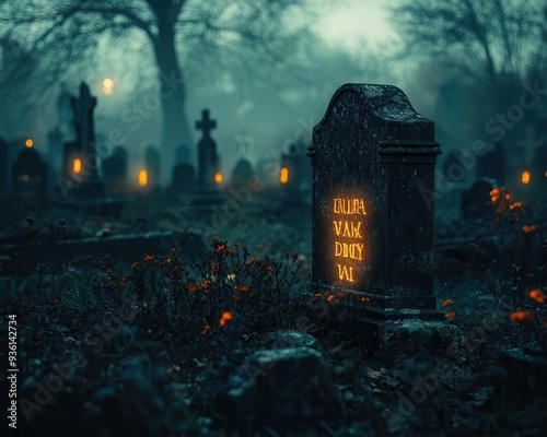 Spooky grave markers in a haunted graveyard, with names of the departed glowing faintly in the dark, Creepy, Cool Tones, Atmospheric photo