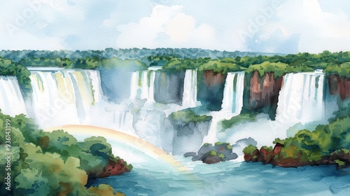 Watercolor of Iguazu Falls with Rainbow